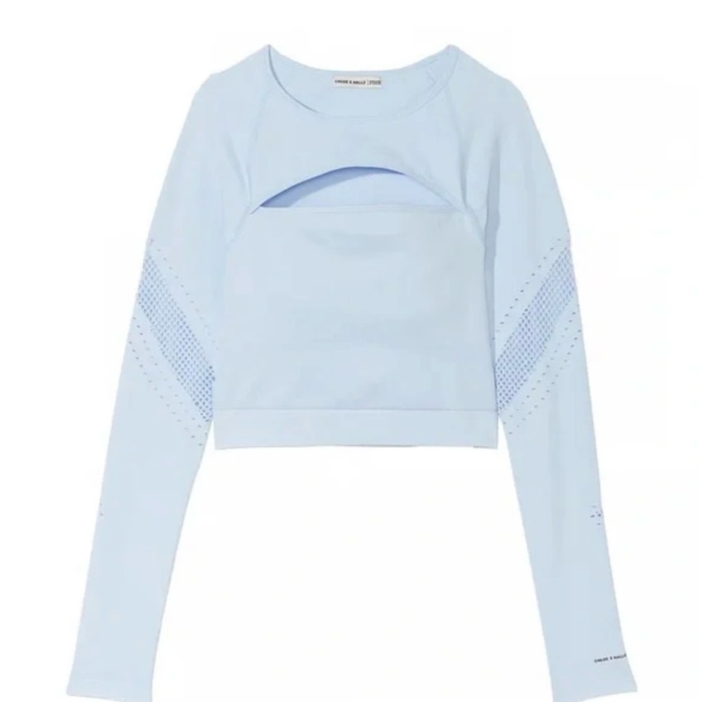 Chlöe x Halle Seamless Mesh Long-Sleeve Crop Top In Blue